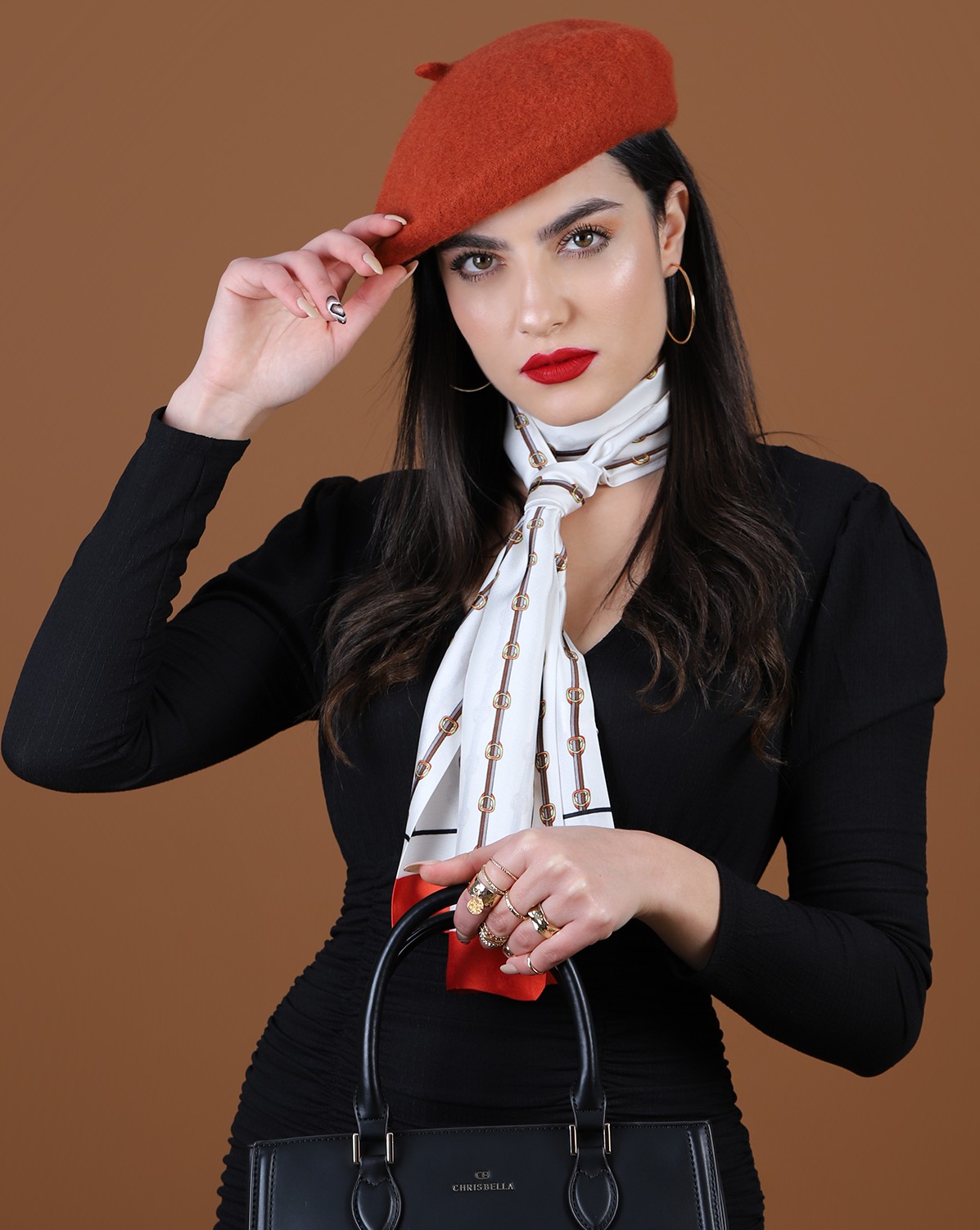 Foulard Carré Esprit En Soie – 55cm, Motif Noir Et Rouge, Tour De Cou Vintage
